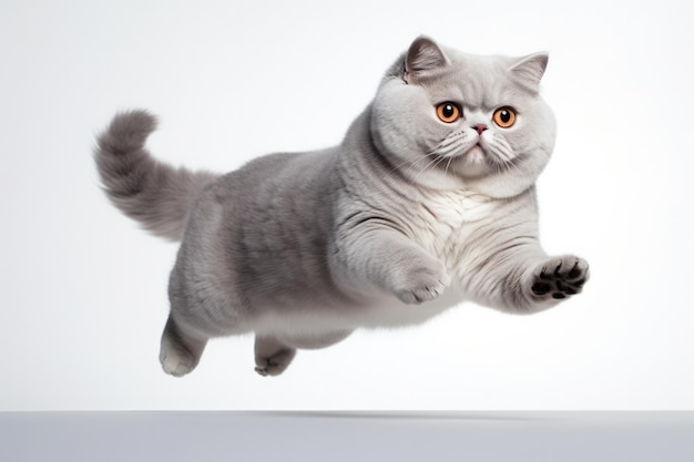 白い背景の上の瞬間をジャンプするブリティッシュショートヘア猫