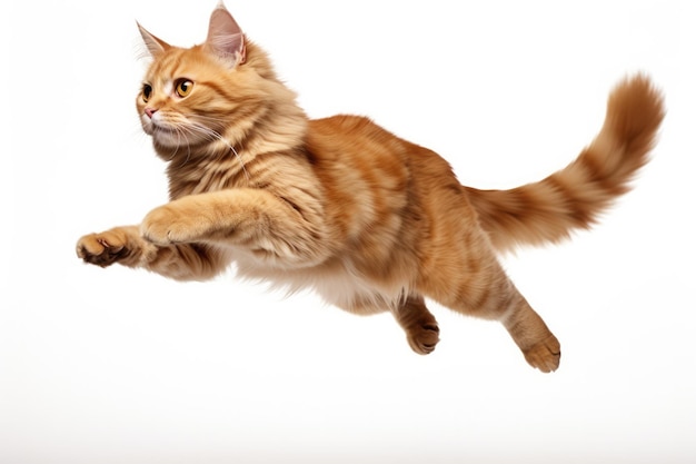 Photo jumping moment manx cat on white background