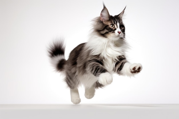 Фото Момент прыжка норвежская лесная кошка кошка на белом фоне