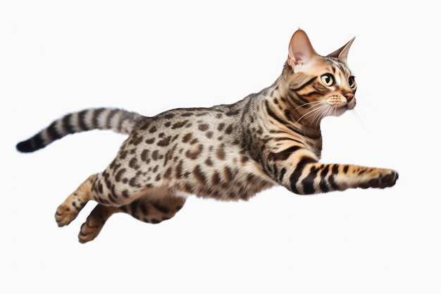 Jumping Moment Ocicat Cat op witte achtergrond