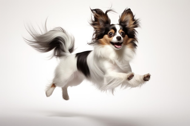 Jumping Moment Papillon Dog On White Background