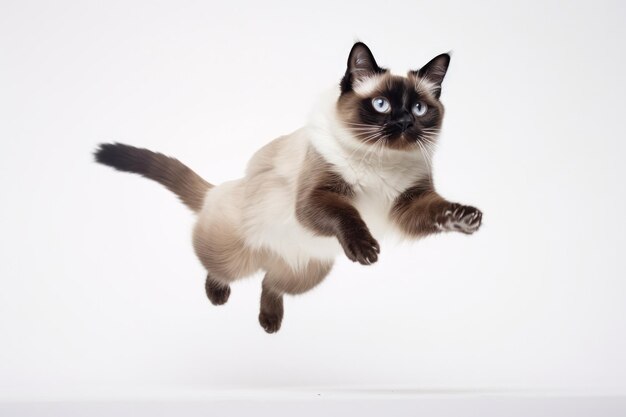 Photo jumping moment snowshoe cat on white background