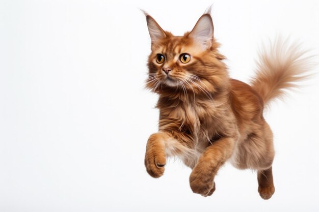 Jumping Moment Somali Cat On White Background