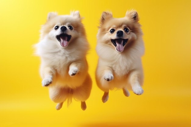 Jumping Moment Twee Pomeranian Honden op gele achtergrond Jumping Moment Pomeranian Dogs Yellow Bac