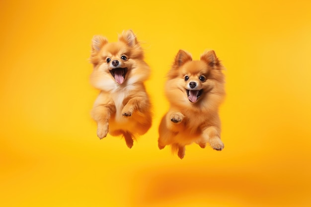 Jumping Moment Twee Pomeranian Honden op gele achtergrond Jumping Moment Pomeranian Dogs Yellow Bac