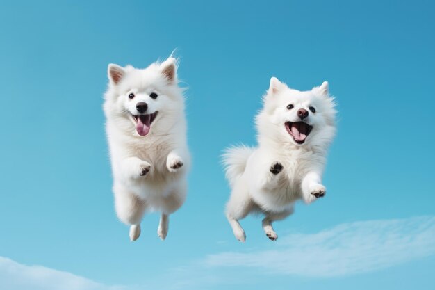 Jumping Moment Two American Eskimo Dogs On Sky Blue Background