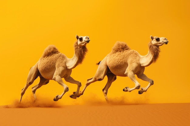 Jumping moment two camel on yellow background