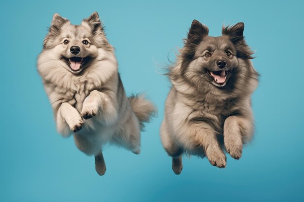 Jumping Moment Two Keeshond Dogs On Sky Blue Background