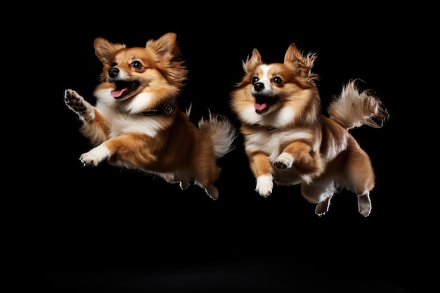 Photo jumping moment two munchkin dogs on black background