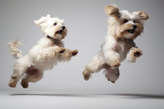 Photo jumping moment two ragamuffin dogs on white background