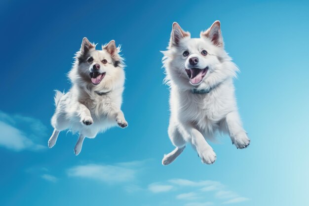Jumping Moment Two Siberian Dogs On Sky Blue Background