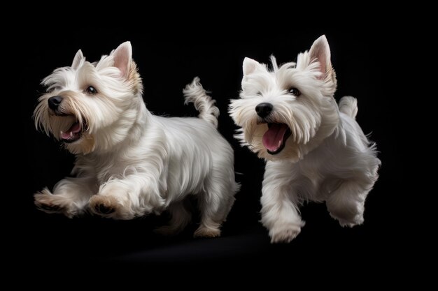 Jumping Moment Two West Highland White Terrier Dogs On Black Background
