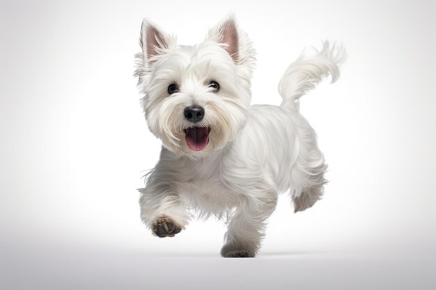 Photo jumping moment west highland white terrier dog on white background