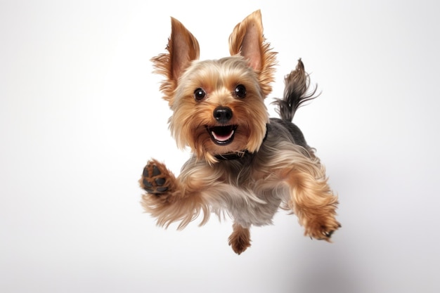 Jumping Moment Yorkshire Terrier Dog On White Background Jumping Moment Yorkshire Terrier Dog Own