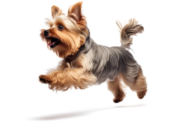 Jumping Moment Yorkshire Terrier Dog On White Background