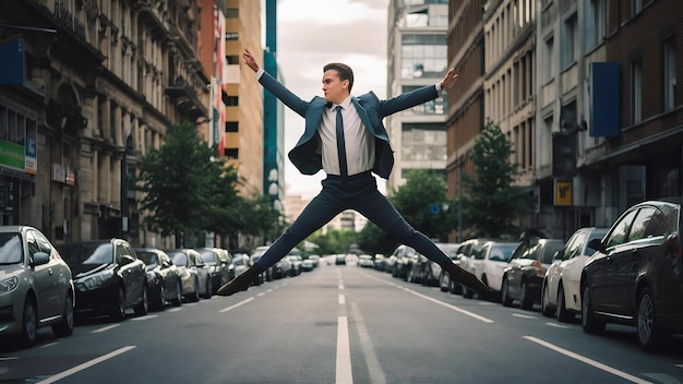 Прыгающий офисный мужчина в городе балетный танцор