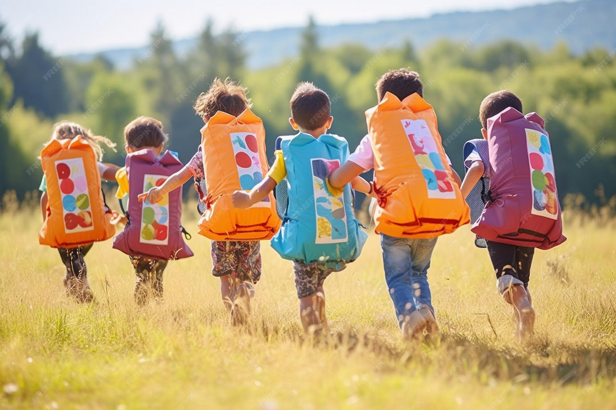 Premium Photo | Jumping sack race outdoors in the field kids have fun ...
