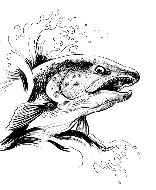 Jumping salmon fish. Ink black and white drawing