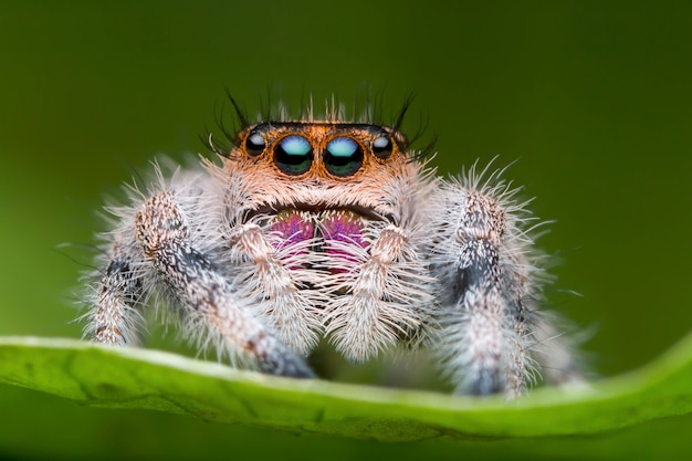 Jumping spider on green leaf in nature