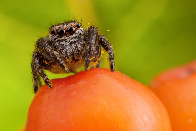 Прыгающий паук с желтой пыльцой сидит на оранжевой рябине