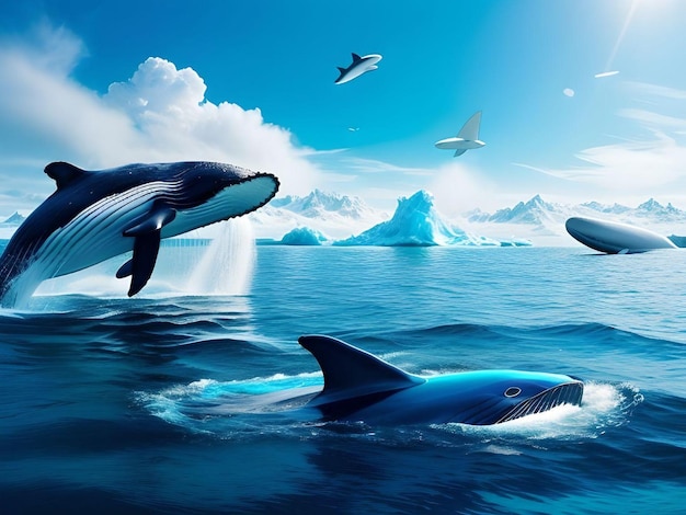 Jumping and Swimming Whales and Flying Fish in Antarctica Illustration