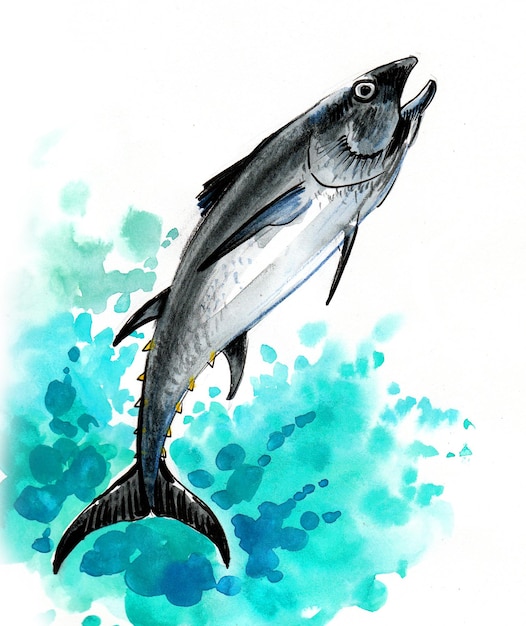 Jumping tuna fish. Ink and watercolor drawing