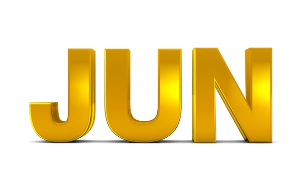 Jun Gold 3D Text June Month Abbreviation isolated on white background. 3D render.