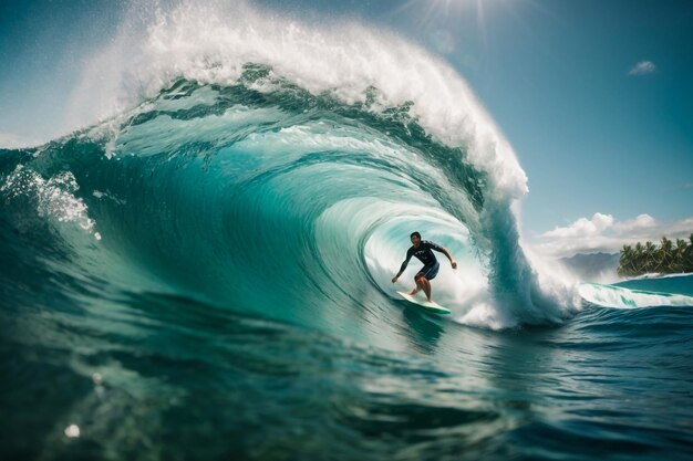 Photo june 2 2019 bali indonesia surfer ride on barrel wave professional surfing at big waves