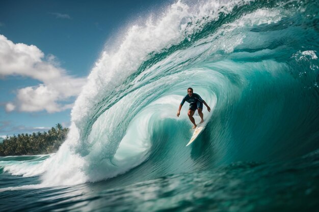 Photo june 2 2019 bali indonesia surfer ride on barrel wave professional surfing at big waves