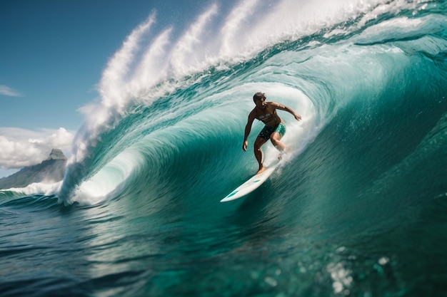 Photo june 2 2019 bali indonesia surfer ride on barrel wave professional surfing at big waves
