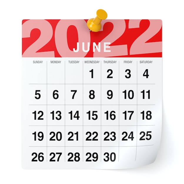 June 2022 - Calendar. Isolated on White Background. 3D Illustration