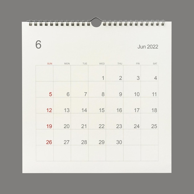 June 2022 calendar page on white background. Calendar background for reminder, business planning, appointment meeting and event. Close-up.