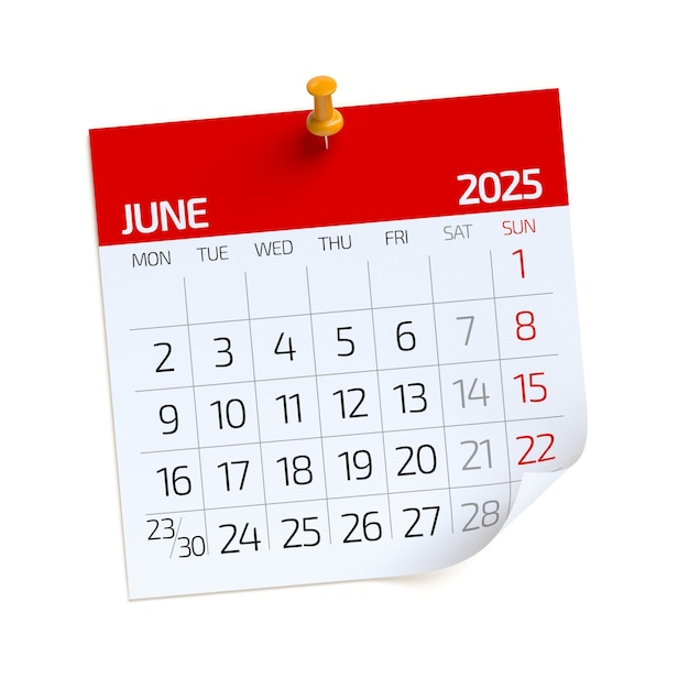 2025년 6월 달력:  바탕에 고립된 3D 렌더링
