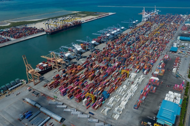 June 27 2021 Laem Chabang, Chonburi Thailand Aerial view Container Terminals,  import export shipping