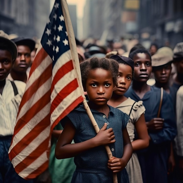 Juneteenth Girl holding a broken US flag fighting for their freedom afro american