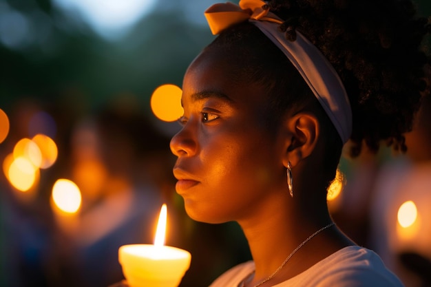 Juneteenth A woman lighting a candle at a fun midnight event