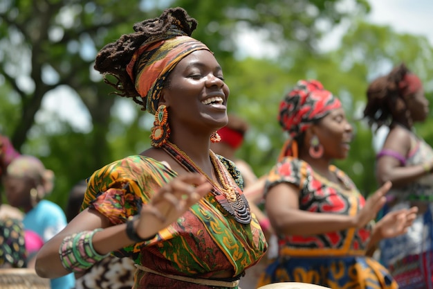 Photo juneteenth women in traditional attire perform idiophone dance at a lively park event