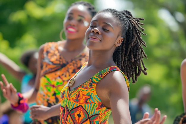 JuneteenthGelukkige jonge vrouwen dansen op het gras in het park en genieten van een vrije tijd evenement in de open lucht