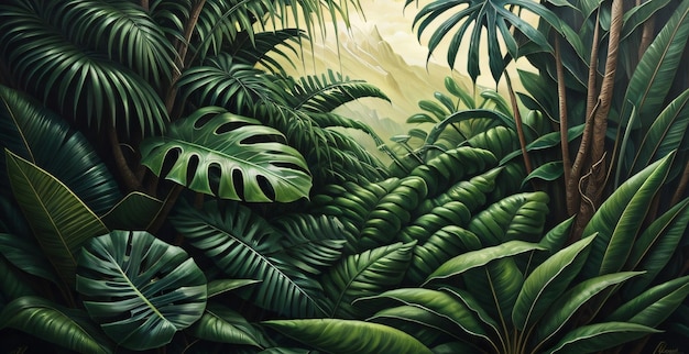 jungle achtergrond schilderij van een jungle tafereel met een groene plant en een groen blad New generatieve ai