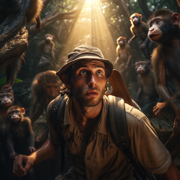 Фото jungle adventurer surrounded by monkeys