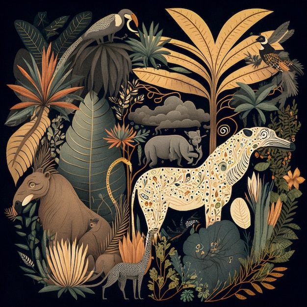 Photo jungle animals set pattern illustration flat colorful design granular texture