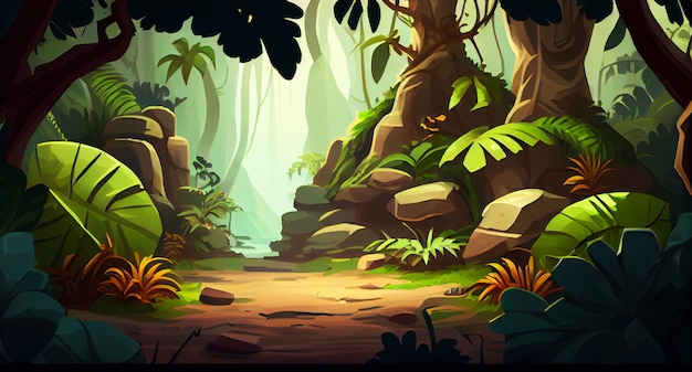 Jungle bos 2D-achtergrondomgeving voor een mobiel spel Een horizontaal achtergrondlandschap van hoge kwaliteit Gaming sjabloon ontwerplocatie Generatieve ai