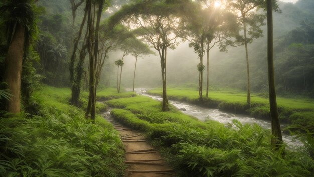 Jungle boslandschap met tropische aziatische wilde mosbomen