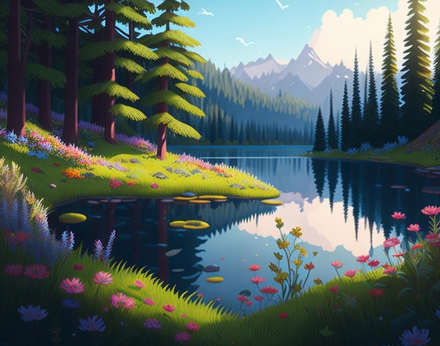 Jungle cartoon style Forest scene with lake and trees Nature landscape background AI Generated