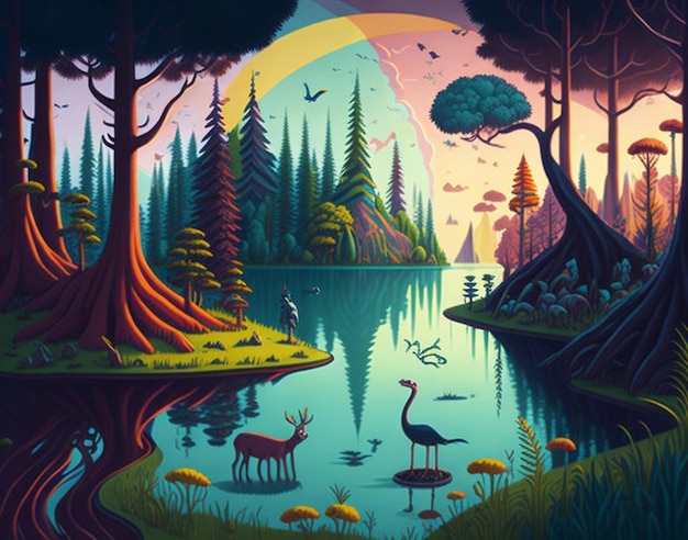 Jungle cartoon style Forest scene with lake and trees Nature landscape background AI Generated