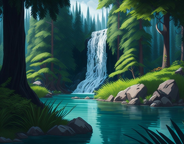 Jungle cartoon style Forest scene with lake and trees Nature landscape background AI Generated