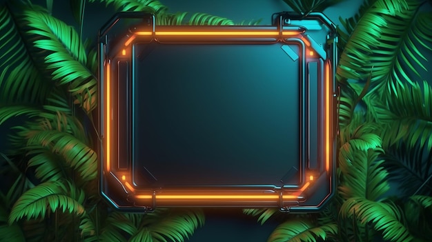 Jungle creatief neon licht cyber frame op verse palmbladeren met kopieerruimte Urban futuristisch