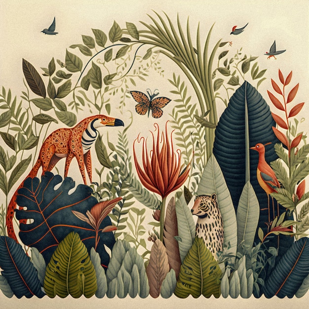 Jungle dieren instellen patroon illustratie plat kleurrijk ontwerp korrelige textuur