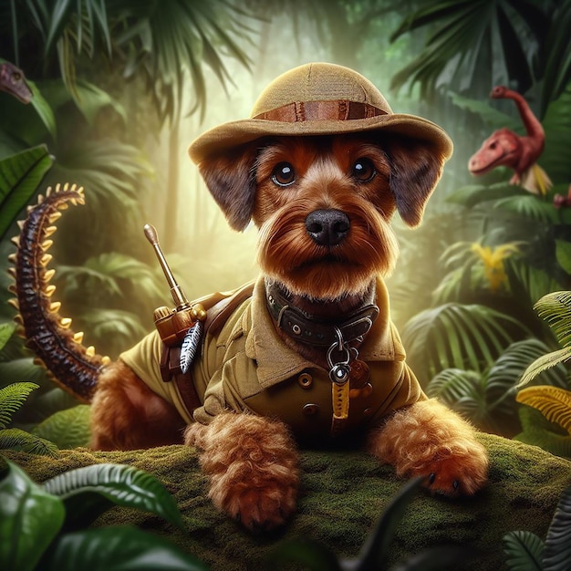 A jungle explorer in jungle as funny Cat Dog digital art AI generated by Bing