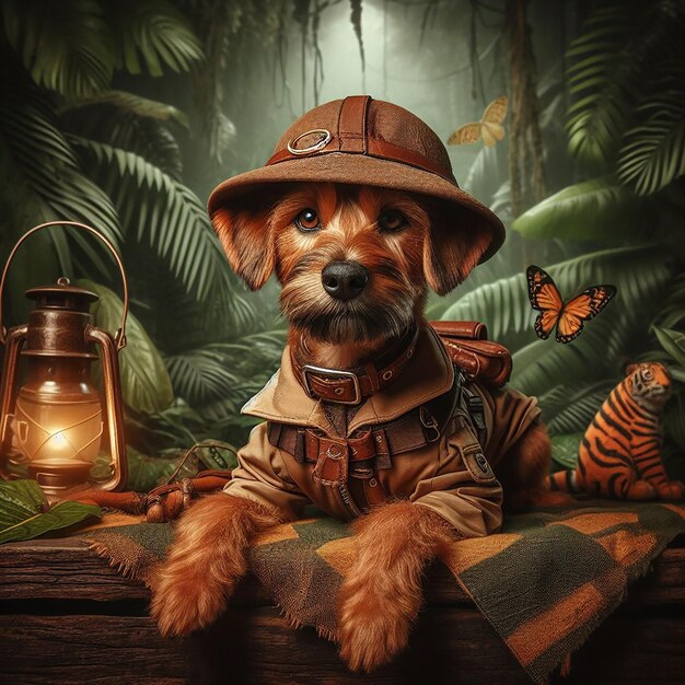 A jungle explorer in jungle as funny Cat Dog digital art AI generated by Bing